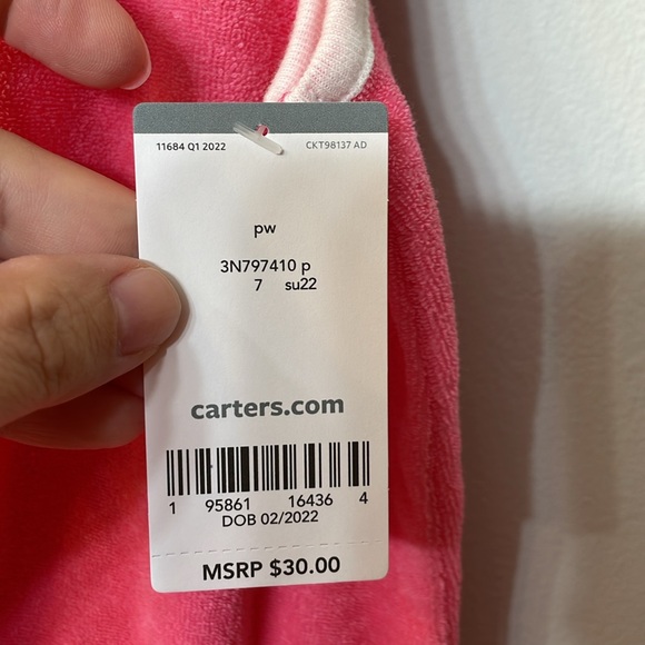 CARTERS NWT Girls Size 7 Pink Terry Romper Swim Cover up drawstring white trim - Picture 5 of 9